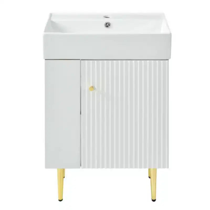 Meuble-lavabo de salle de bain blanc de 21,6 po, ensemble avec meuble de rangement, vasque en céramique simple, rangement à gauche