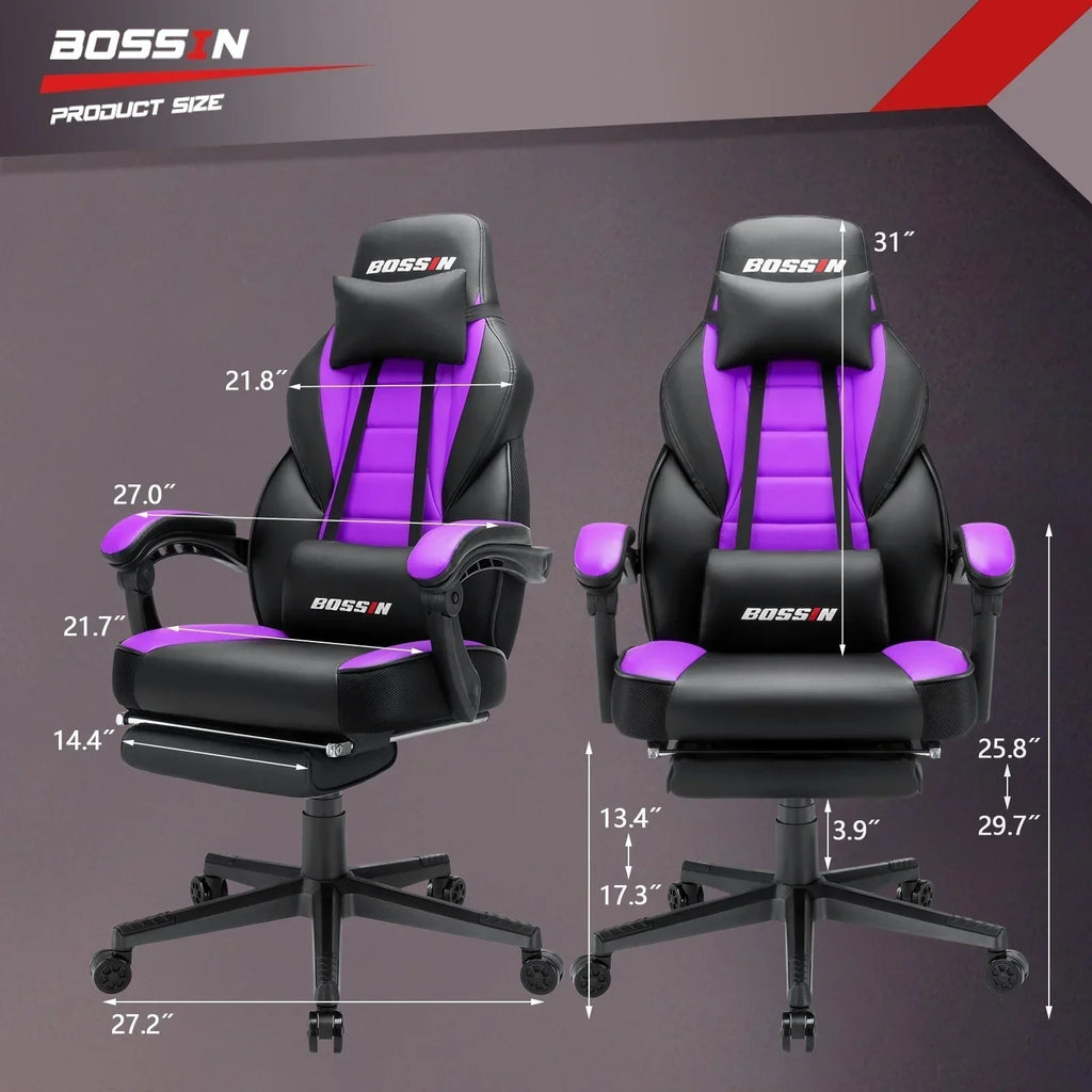 Chaise de jeu style course BOSSIN, fauteuil gamer grande taille 300 lb, chaise d'ordinateur à dossier haut