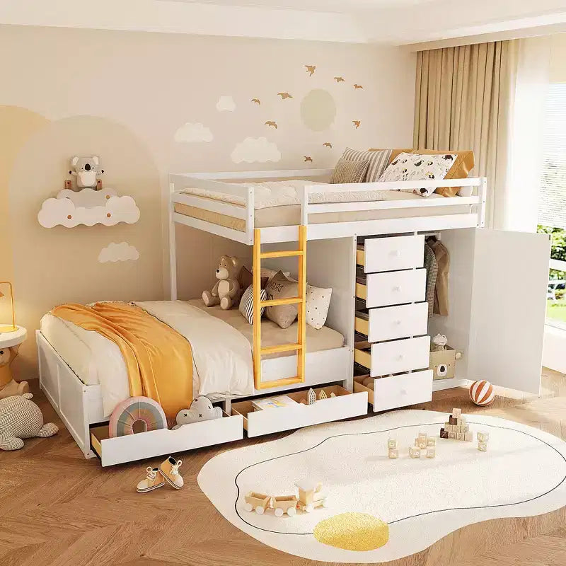 Lit superposé double sur double avec armoire de rangement et tiroirs, lit superposé double en bois peu encombrant avec garde-corps pour appartement, chambre à coucher