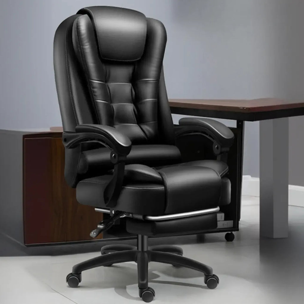 Chaise de bureau pivotante ergonomique en cuir noir avec repose-pieds