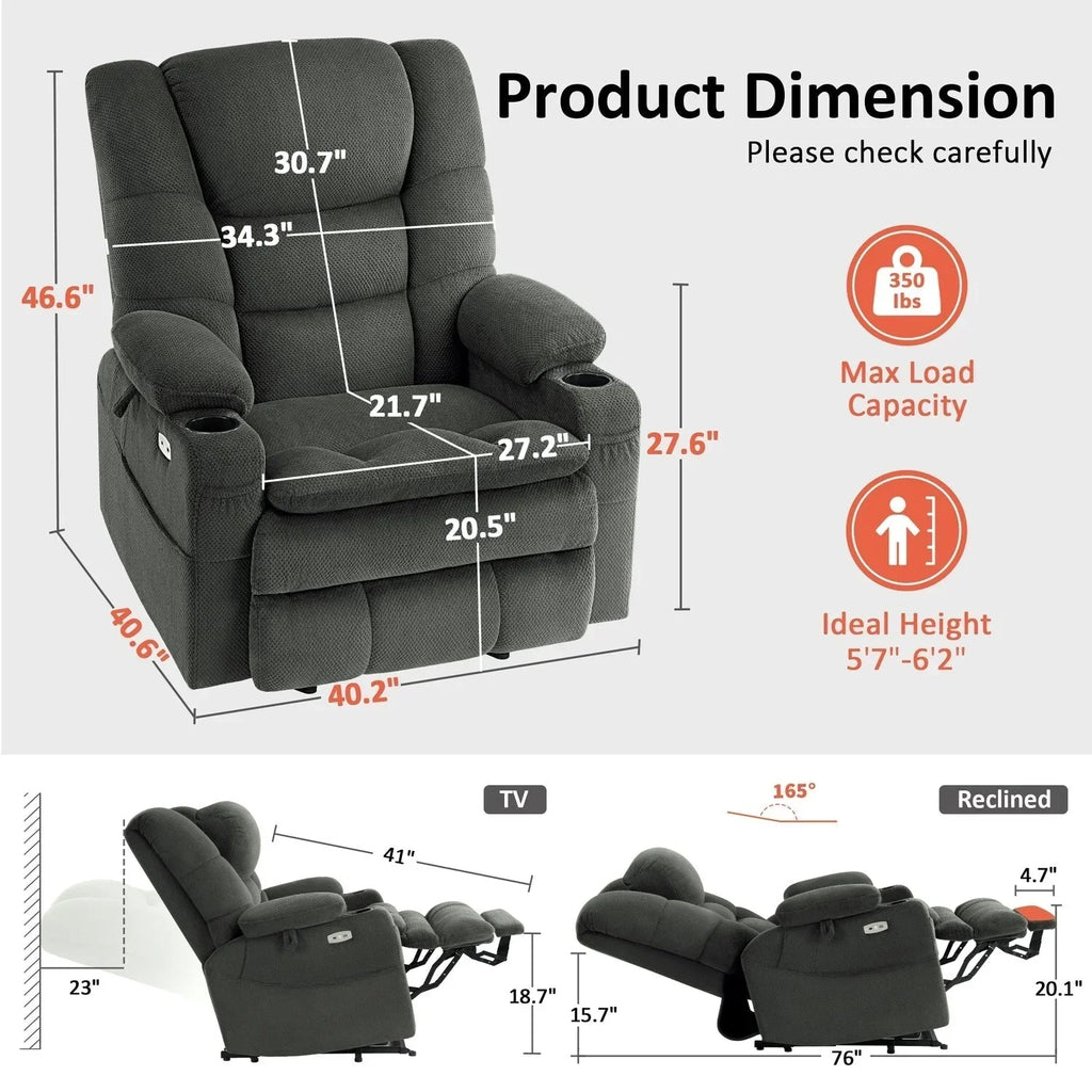 Fauteuil inclinable électrique double moteur grand et large MCombo avec massage et double chauffage pour personnes âgées de grande taille, tissu R7635