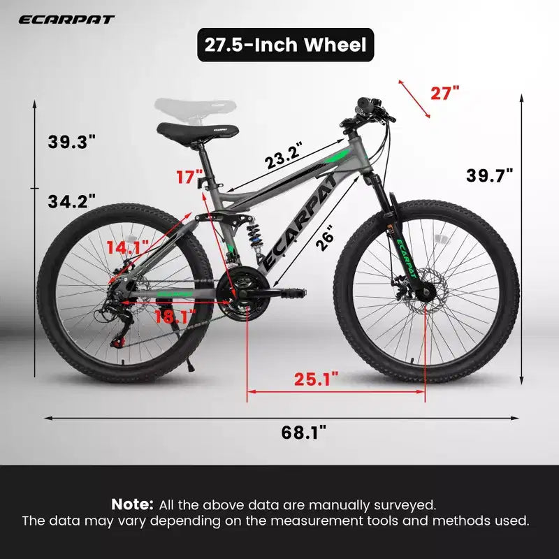 Vélo de montagne Okak 27,5 pouces avec double amortisseur avant et arrière, VTT 21 vitesses avec frein à disque mécanique, vélo adulte pour hommes et femmes