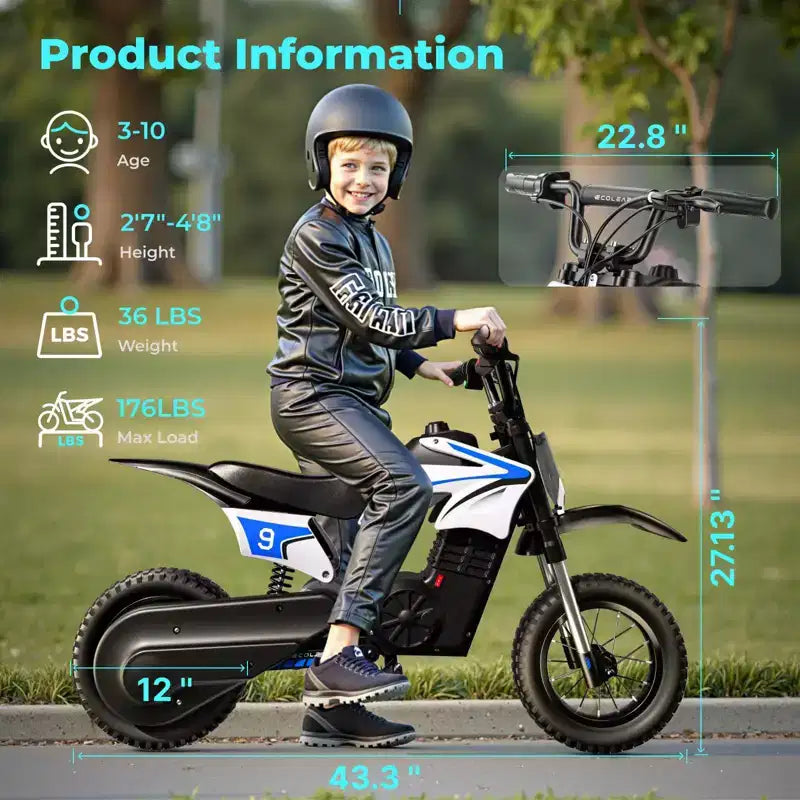 Moto tout-terrain électrique pour enfants ECOLEAP K1, 36V, rapide (25 km/h), autonomie de 22 km, moteur de pointe 700W, 3 modes de vitesse, pneus tout-terrain de 12 pouces, homologuée UL, pour les 3-10 ans.