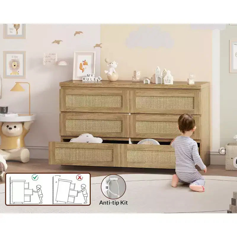 Commode en rotin pour chambre à coucher avec 6 tiroirs, 47 commode large moderne de style ferme, armoire de rangement en bois pour placard, salon, couloir