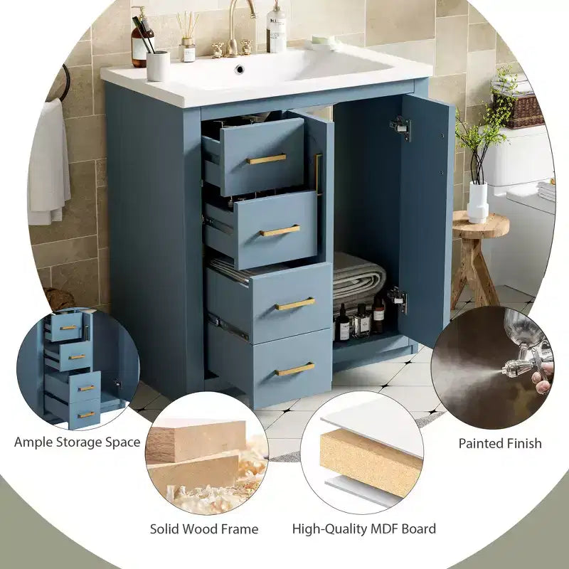 Meuble-lavabo simple de 30 po avec armoire et 3 tiroirs – Noir / Bleu / Vert / Indigo / Blanc
