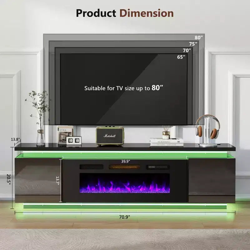 Meuble TV Skyzoo avec foyer électrique intégré, pour téléviseurs jusqu'à 80 pouces, avec lumières LED et 4 prises CA, console TV pour salon
