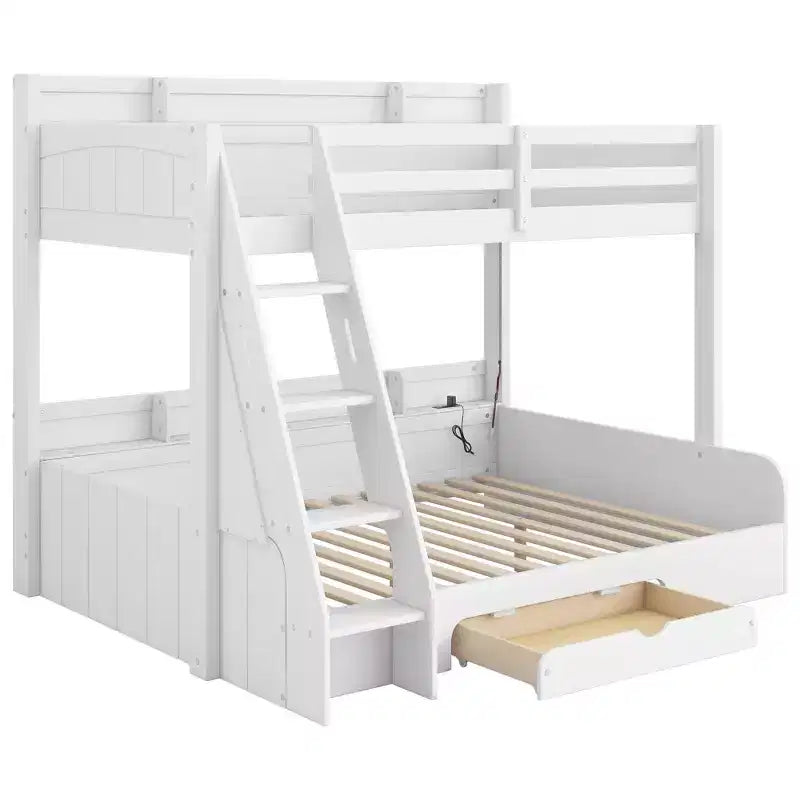 Lit superposé double sur toute la longueur avec rangement, lumières LED et station de charge, lit superposé en bois avec étagères latérales pour enfants et adolescents
