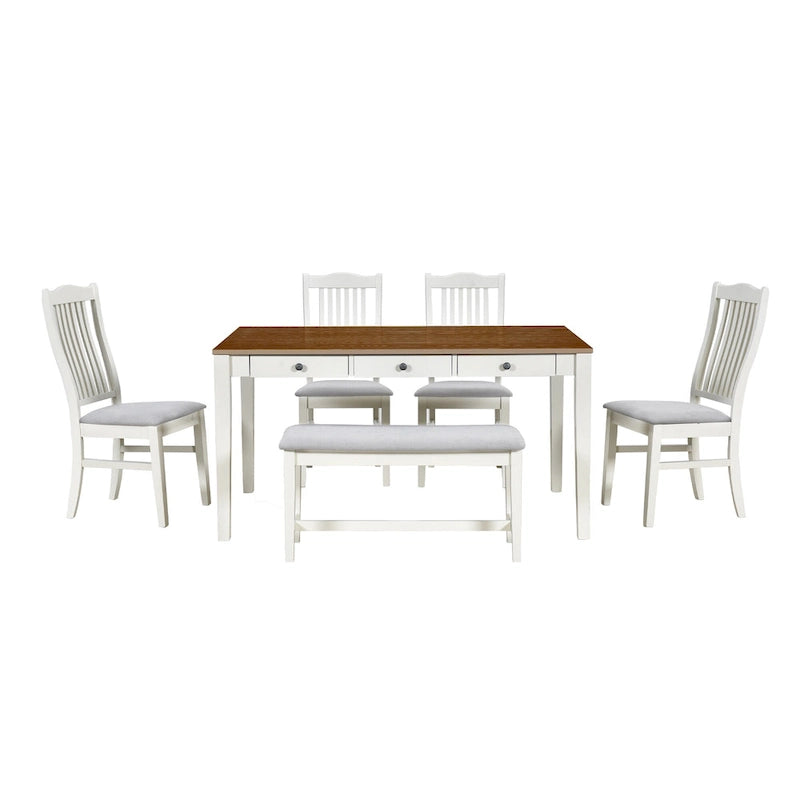 Ensemble de salle à manger 6 pièces en bois avec 4 chaises et un banc, table avec tiroir