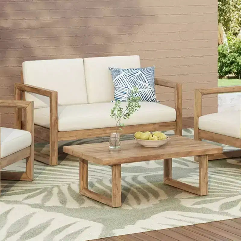 Ensemble de meubles de patio en bois d'acacia, ensemble de conversation extérieur avec table basse et coussins moelleux pour jardin, véranda et balcon, Beige - Merax
