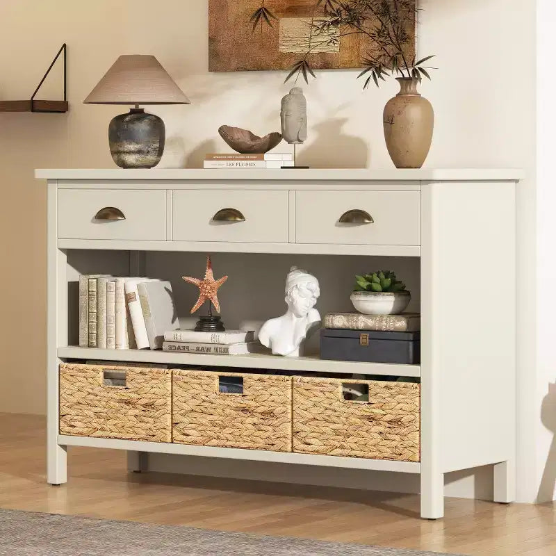 Console de table d'entrée avec rangement, table de couloir de style ferme avec 3 tiroirs et 3 paniers en jacinthe d'eau pour salon ou hall d'entrée - Panipeachy