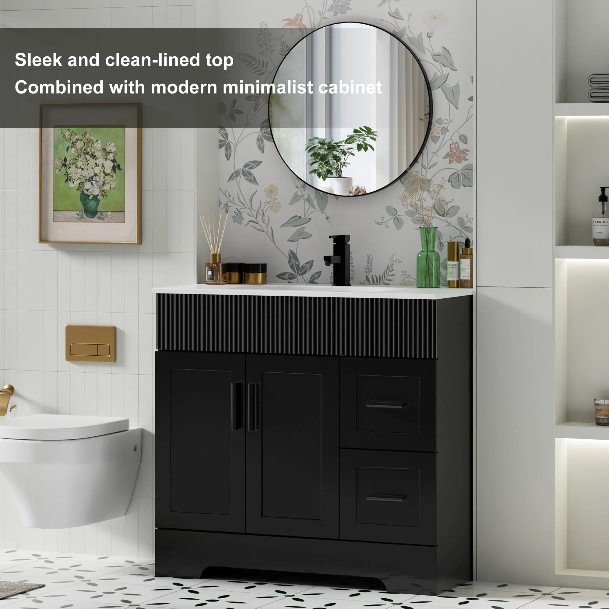 Meuble-lavabo de salle de bain Wavy Line 30/36/48 avec évier et robinet