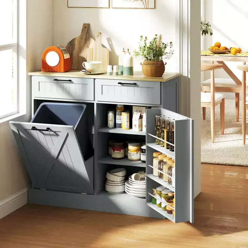 Meuble poubelle coulissant HOMCOM avec tiroirs, meuble de cuisine de style campagnard avec poubelle cachée pour la cuisine