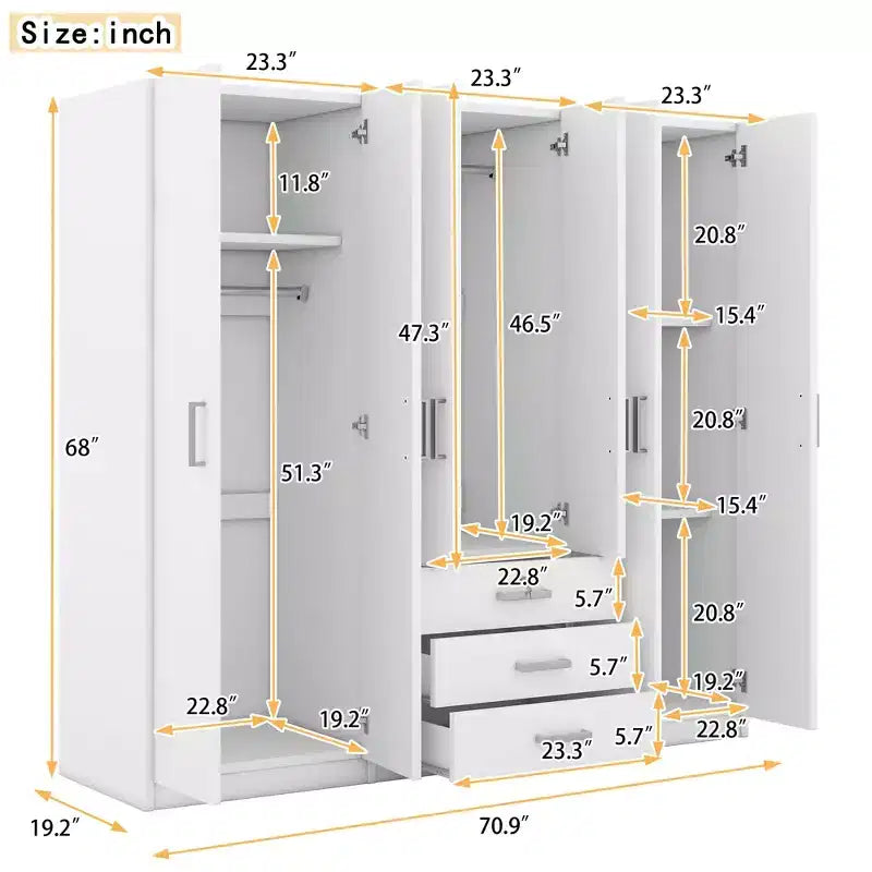 Armoire 6 portes en bois avec tiroirs pour chambre à coucher