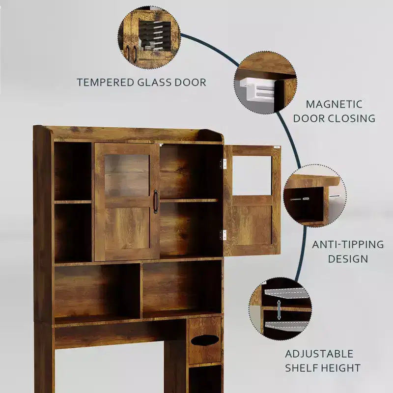 Meuble de rangement pour toilettes – Organisateur de salle de bain de style ferme de 171 cm de haut avec étagère réglable et porte en verre pour salle de bain, buanderie