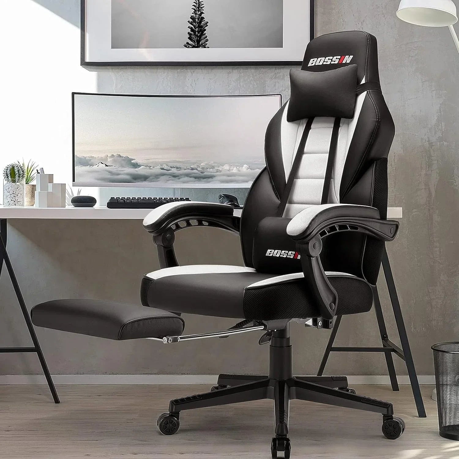 Chaise de jeu style course BOSSIN, fauteuil gamer grande taille 300 lb, chaise d'ordinateur à dossier haut