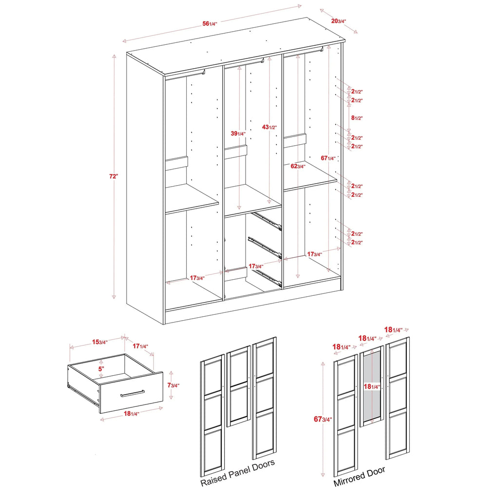 Palace Imports Armoire Cosmo 3 portes 100 % bois massif avec portes en bois massif ou portes miroir