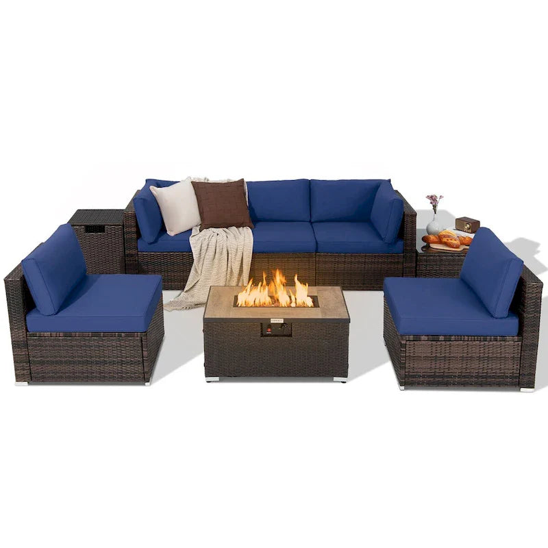 Ensemble de meubles de patio en rotin 8 pièces, table de foyer, support de bouteille de gaz, housse de terrasse