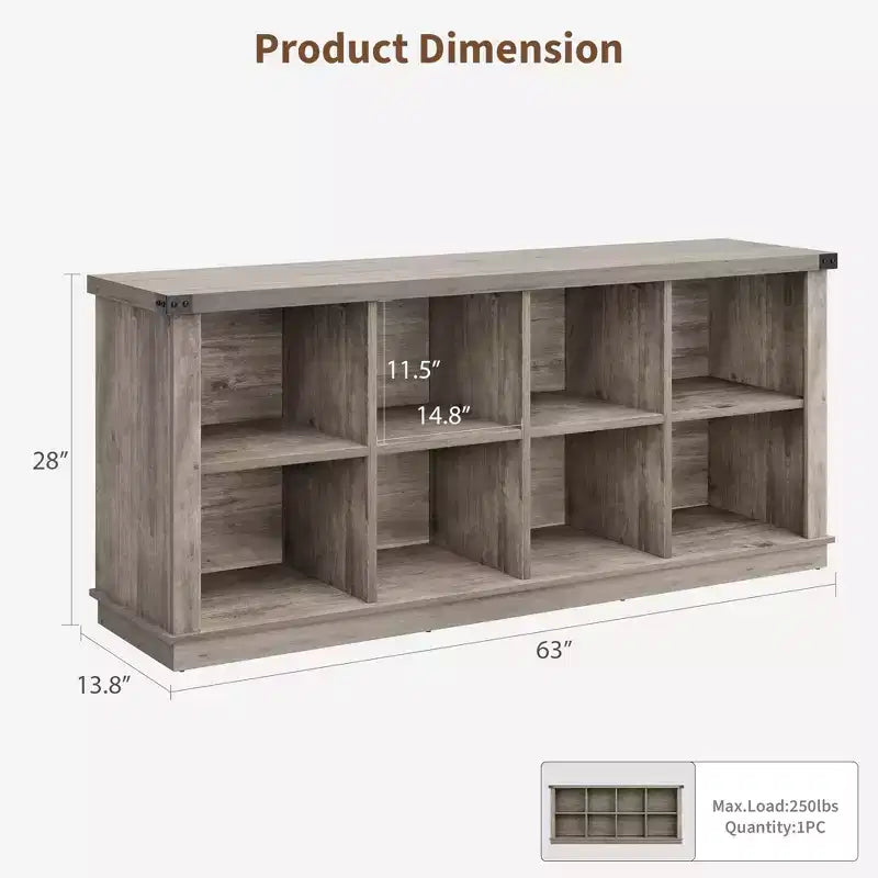 Étagère de rangement à 8 cubes, bibliothèque horizontale de style ferme, bibliothèque de rangement en bois de 157 cm pour entrée, étagères basses et longues pour salon