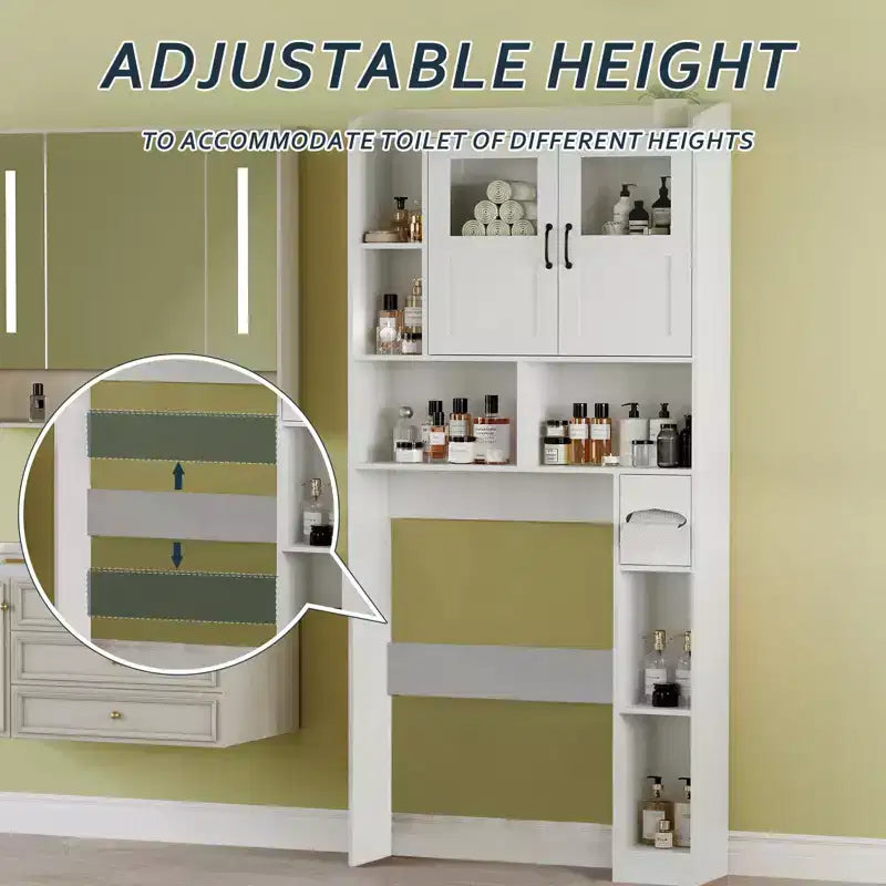 Meuble de rangement pour toilettes – Organisateur de salle de bain de style ferme de 171 cm de haut avec étagère réglable et porte en verre pour salle de bain, buanderie