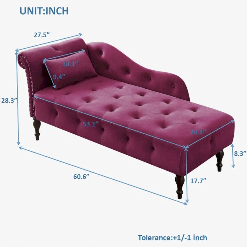 Chaise longue moderne de 154 cm avec revêtement en velours, boutons capitonnés, pieds en bois massif et clous de tapissier