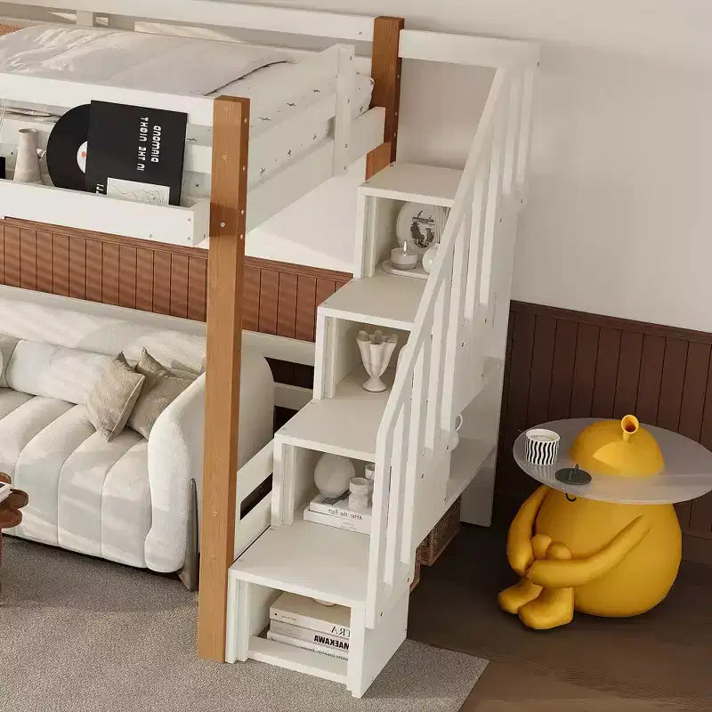 Lit mezzanine moderne avec crochet à vêtements, étagères de rangement et espace sous le lit