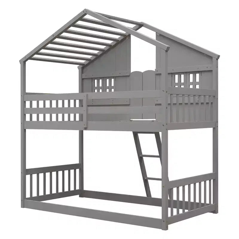 Lit mezzanine cabane de taille double, lit mezzanine cabane en bois avec échelle et barrières de sécurité pour enfants