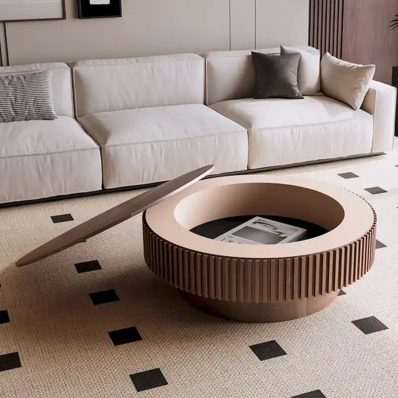 Table basse/de salon ronde moderne plaquée en bois massif avec rangement
