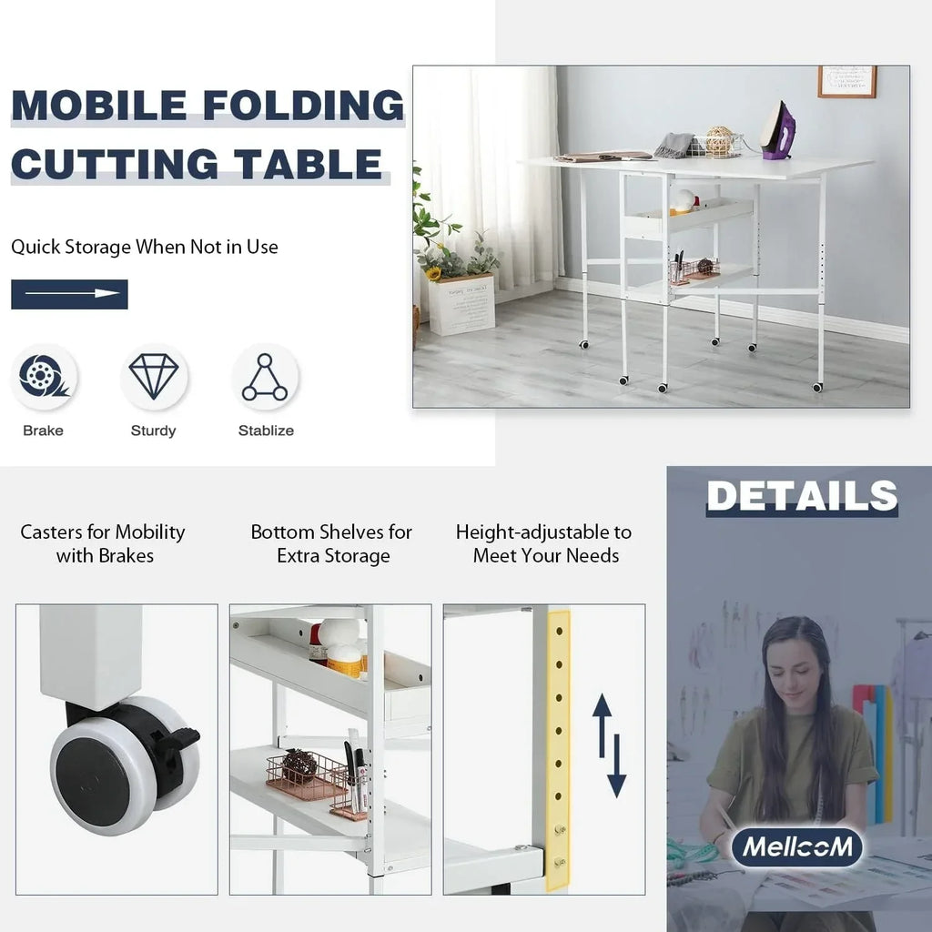 Table artisanale réglable en hauteur avec étagères de rangement, table de coupe pliante mobile pour bureau à domicile, salle de couture, salle d'artisanat