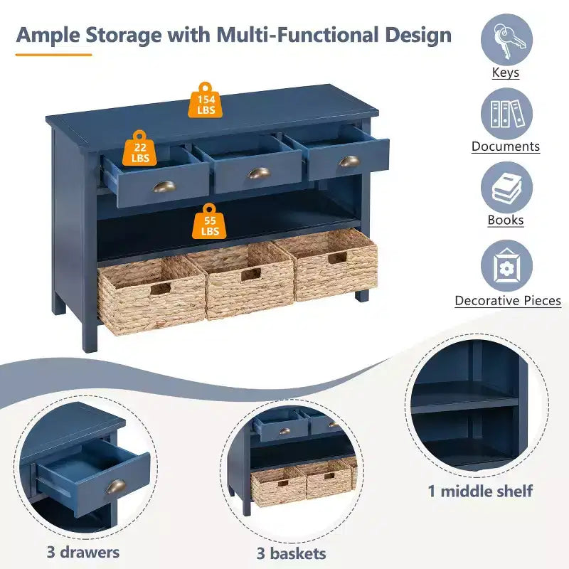 Console de table d'entrée avec rangement, table de couloir de style ferme avec 3 tiroirs et 3 paniers en jacinthe d'eau pour salon ou hall d'entrée - Panipeachy
