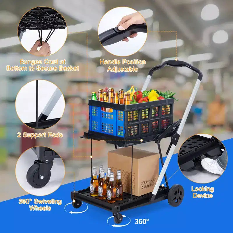 Chariots de courses pliants à 2 niveaux pour l'épicerie, capacité de 90 kg, chariot d'épicerie pliable portable avec roues et caisse amovible pour centre commercial, bleu