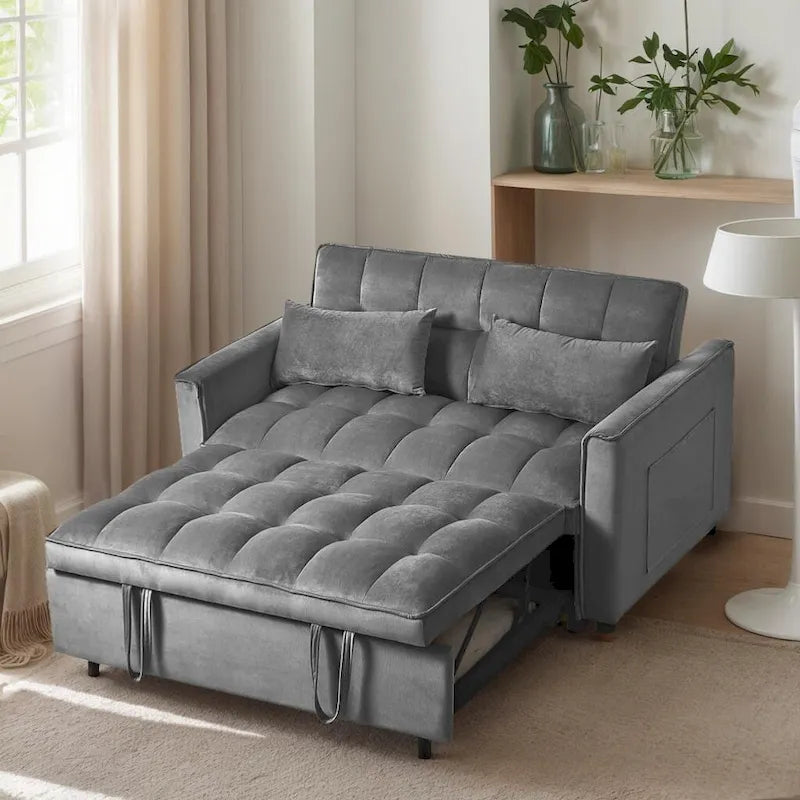 Causeuse futon moderne en velours avec dossier inclinable et poches, 2 places ??Gris foncé / Gris clair / Bleu / Noir