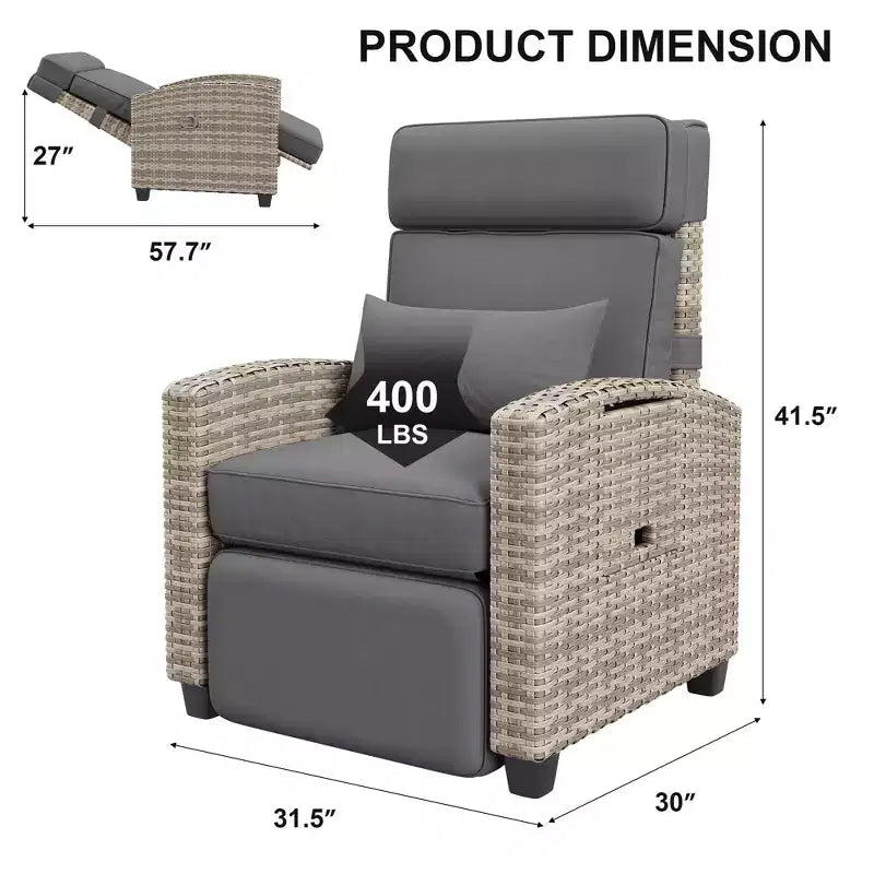 Chaise longue d'extérieur, chaises de patio inclinables avec dossier et repose-pieds réglables, chaise longue en osier jusqu'à 150° avec table escamotable
