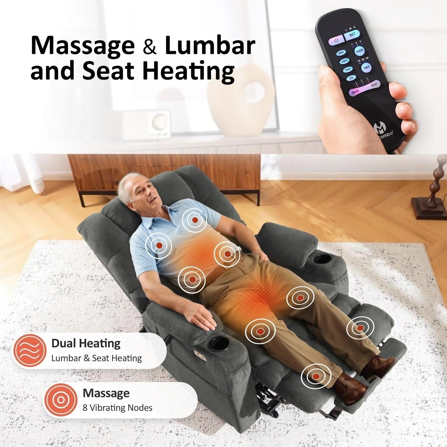 Fauteuil inclinable électrique double moteur grand et large MCombo avec massage et double chauffage pour personnes âgées de grande taille, tissu R7635