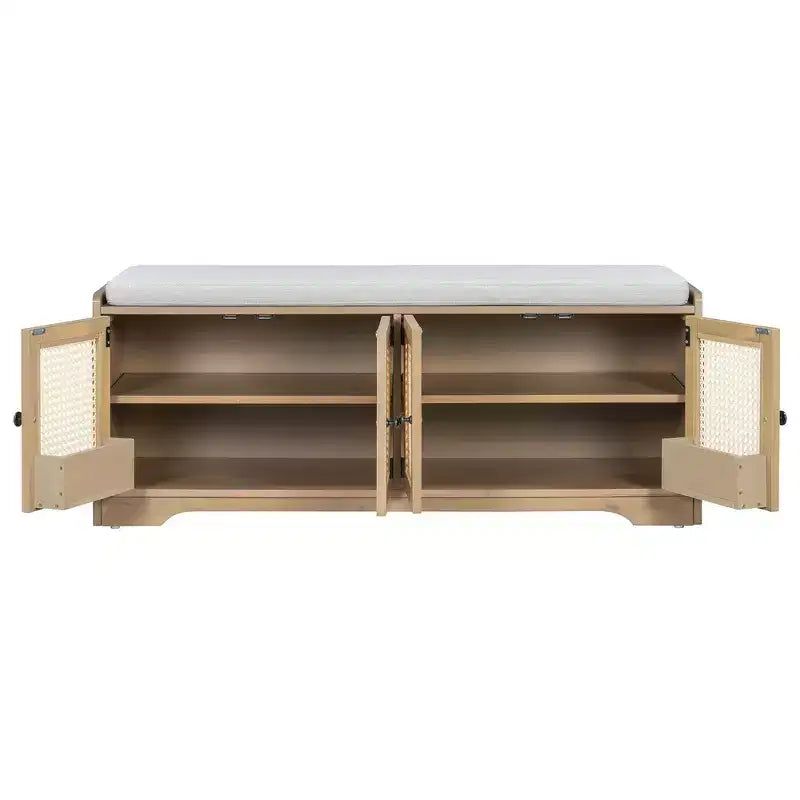 Banc de rangement rustique en bois Whisen, banc à chaussures d'entrée avec coussin amovible, étagères réglables