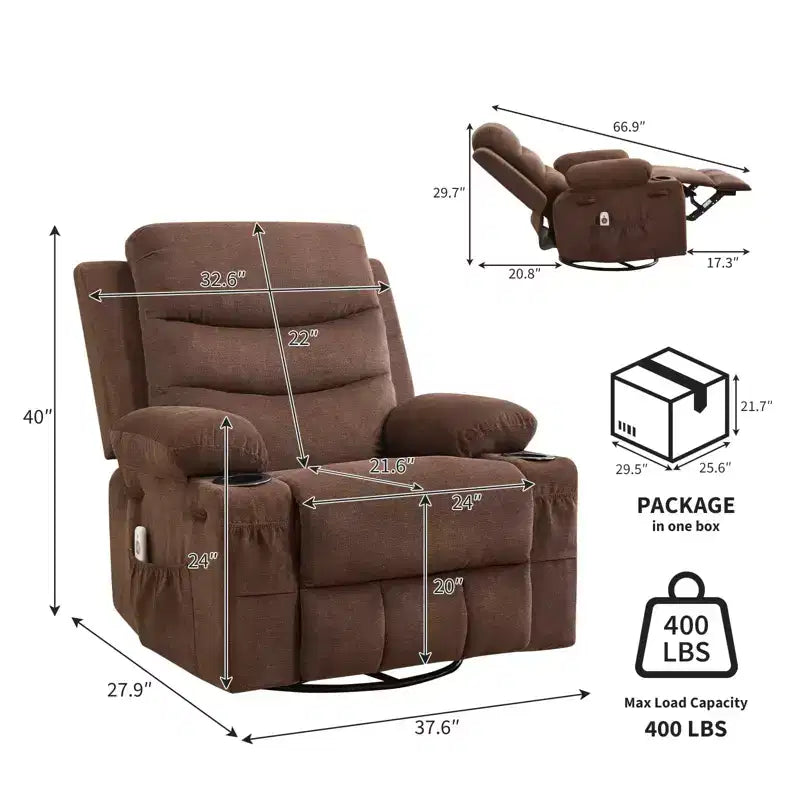 Fauteuil inclinable surdimensionné 360 pivotant et berçant avec massage et chaleur - Fauteuil de salon ergonomique avec porte-gobelets, poches latérales pour salon, chambre de bébé