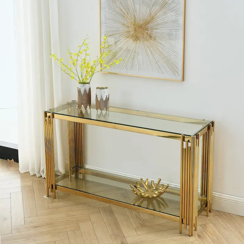 Console étroite à 2 niveaux avec structure en métal doré et plateau en verre trempé