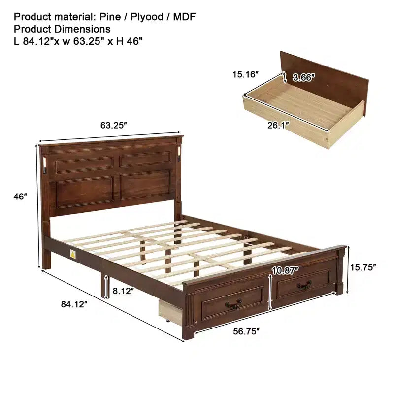 ModernLuxe Lit plateforme Queen/King Size avec tête de lit haute, cadre de lit rustique en bois avec 2 tiroirs, lumières LED et ports USB