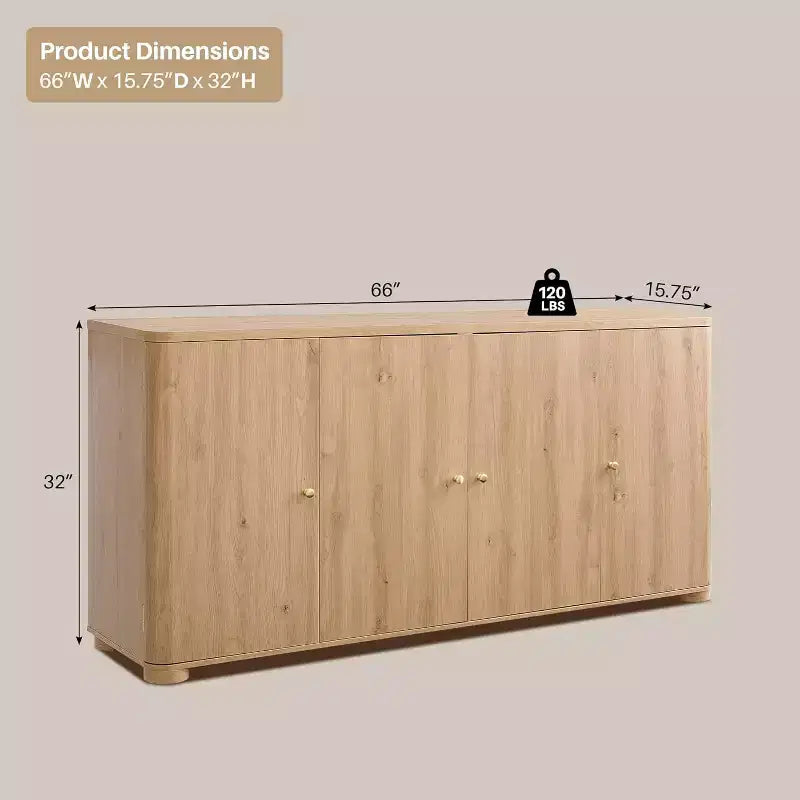 Buffet de cuisine avec 4 portes et étagères, grand buffet de rangement moderne, buffet de rangement de 66 po pour bar à café