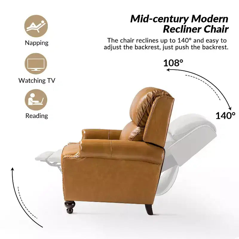 Ensemble de 2 fauteuils inclinables modernes en cuir véritable Elisabete avec garniture cloutée vintage pour salon et chambre à coucher | ART OF LIVING DESIGNS