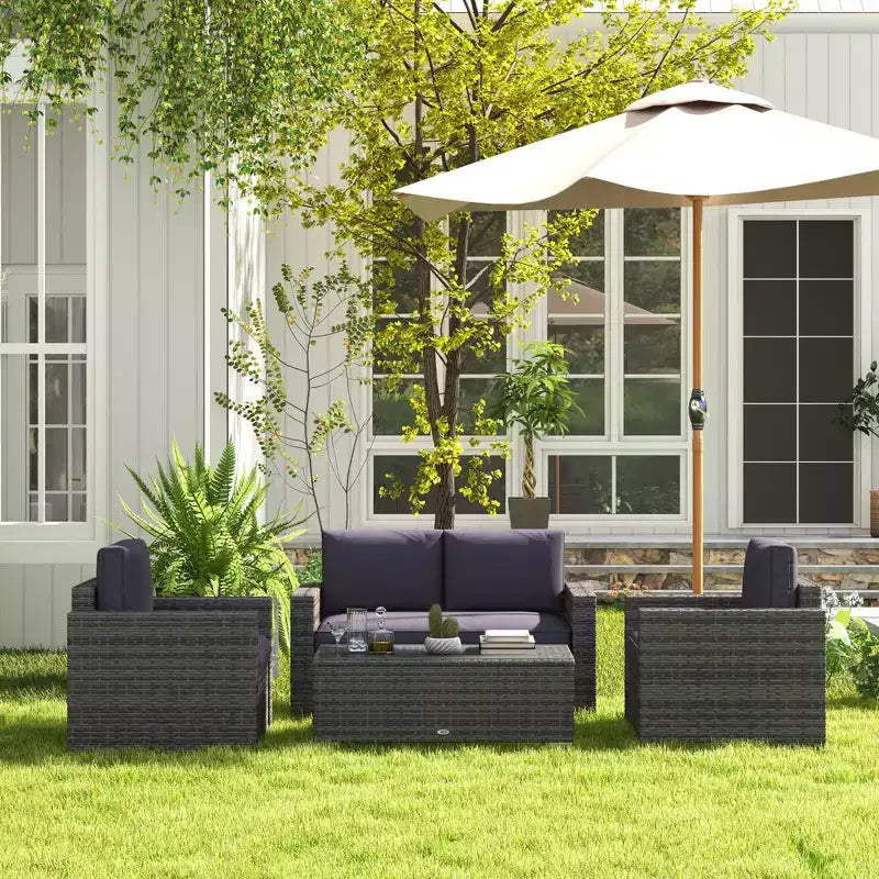 Ensemble de canapés en rotin 4 pièces, ensemble de canapés de patio en osier avec causeuse, chaises et table basse en verre pour jardin extérieur