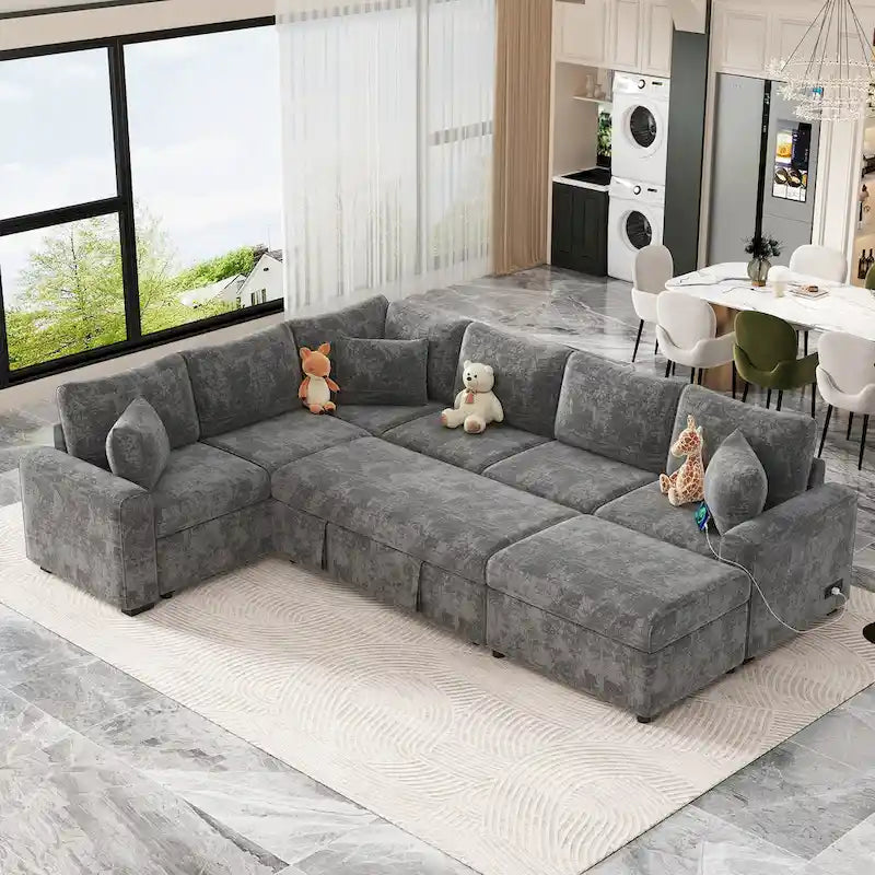 Canapé d'angle en chenille convertible, canapé-lit en forme de L avec pouf de rangement, 3 oreillers et dispositifs de charge