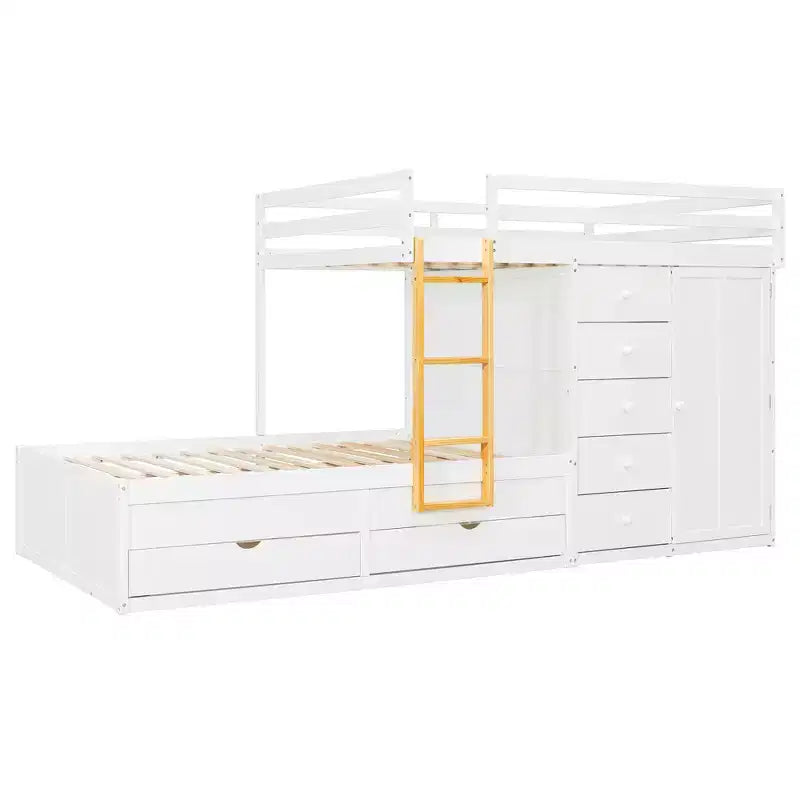 Lit superposé double sur double avec armoire de rangement et tiroirs, lit superposé double en bois peu encombrant avec garde-corps pour appartement, chambre à coucher