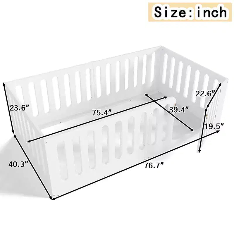 Lit Montessori Jumeau Blanc au Sol avec Barrières et Porte – Bois Massif, 1 Enfant