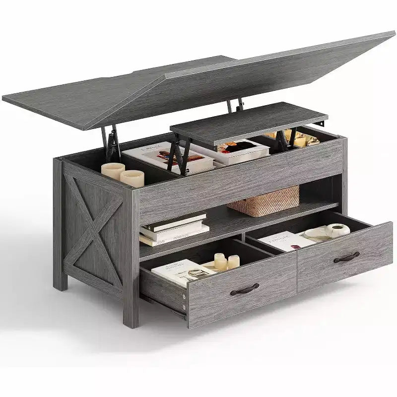 Table basse relevable avec espace de rangement, table basse style ferme, table basse avec deux tiroirs, table basse pour salon et bureau