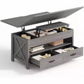 Table basse relevable avec espace de rangement, table basse style ferme, table basse avec deux tiroirs, table basse pour salon et bureau