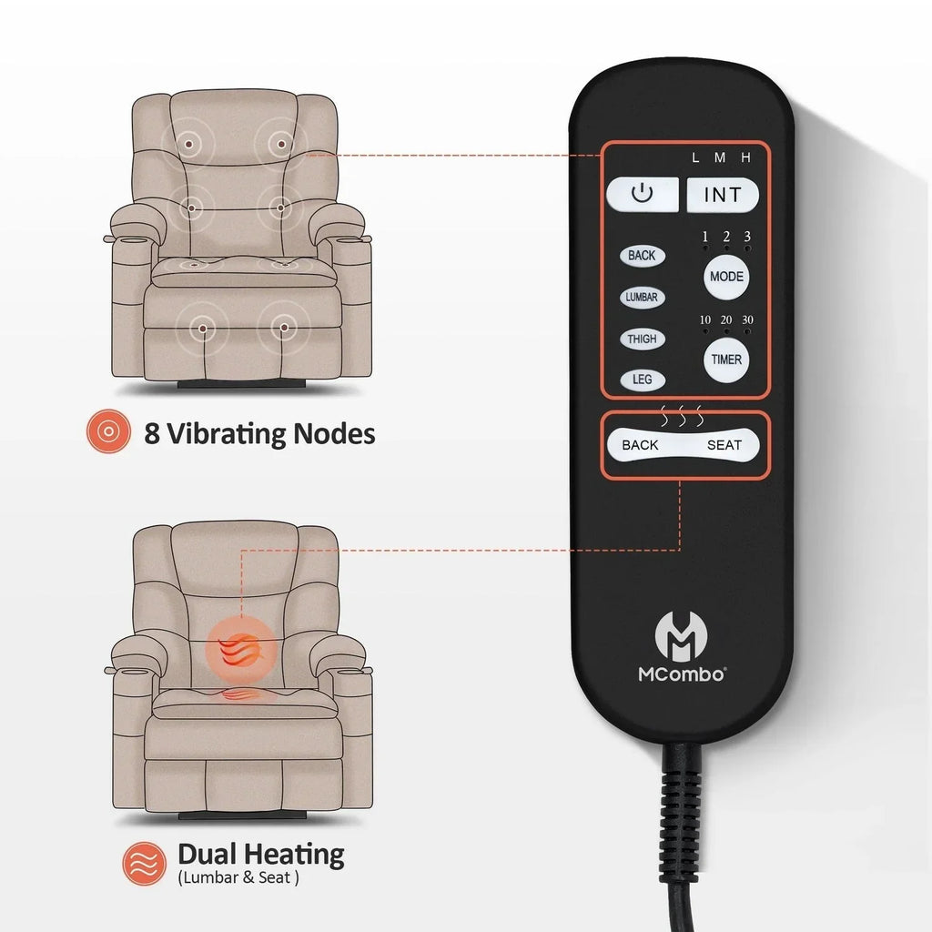Fauteuil inclinable électrique double moteur grand et large MCombo avec massage et double chauffage pour personnes âgées de grande taille, tissu R7635