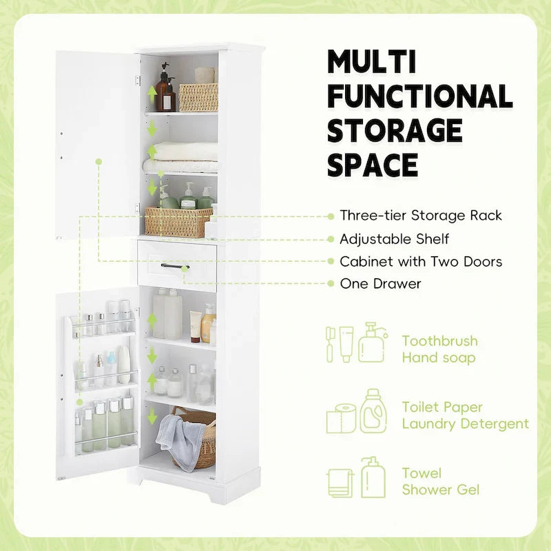 Meuble de salle de bain autoportant avec 2 portes, étagères réglables et rangement de porte, organiseur de salle de bain haut