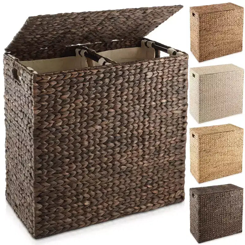 Panier à linge Casafield à 2 sections avec couvercle et sacs de doublure amovibles, trieur de linge tressé en jacinthe d'eau pour vêtements