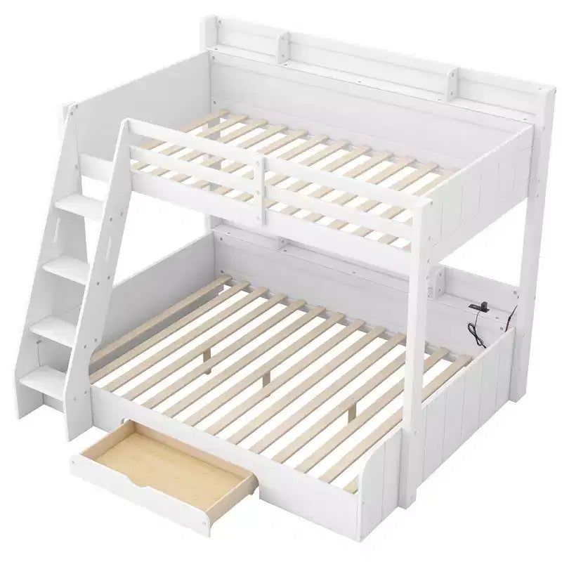 Lit superposé double sur toute la longueur avec rangement, lumières LED et station de charge, lit superposé en bois avec étagères latérales pour enfants et adolescents