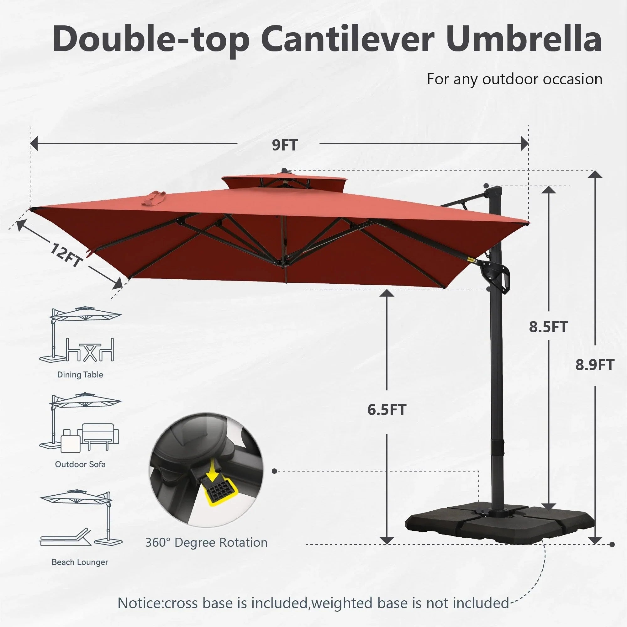 MAISON ARTS Parasol déporté hydraulique automatique 3,6 m avec mât en aluminium et rotation à 360 degrés